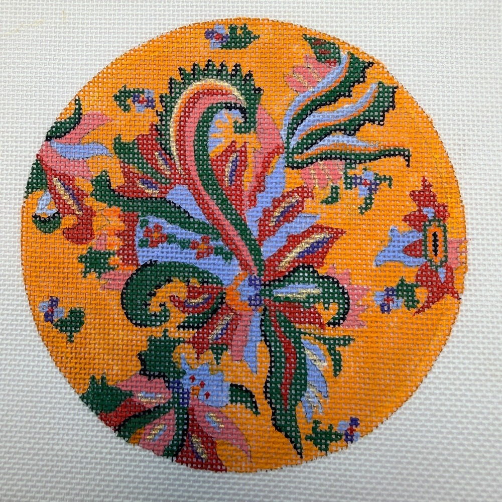 Round Floral Needlepoint Canvas Orange Paisley Christmas Ornament C2-06E Vintage